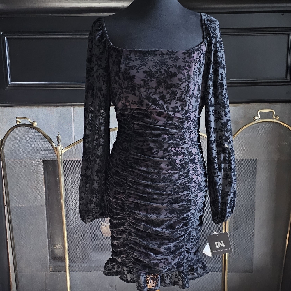 Long Sleeve Floral Velvet Square Neck Ruched Goth Mini Dress Medium